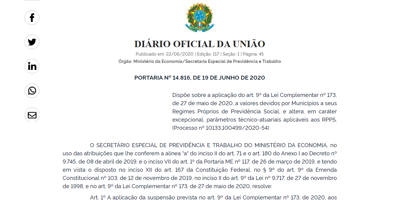 SUSPENSÃO DOS VALORES DEVIDOS AO RPPS ESTABELECIDOS PELA LC 173/2020 É REGULAMENTADA.